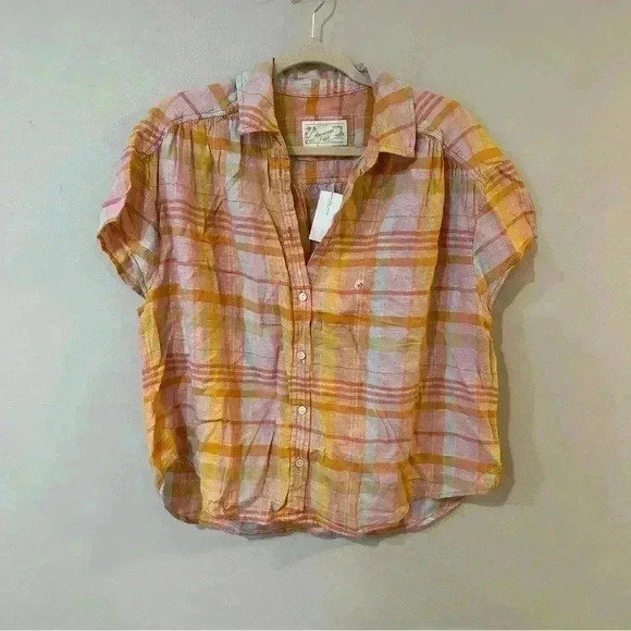 NWT American Eagle Plaid Short Sleeve Pink Orange Button Down Shirt Size X-Small - Picture 4 of 7